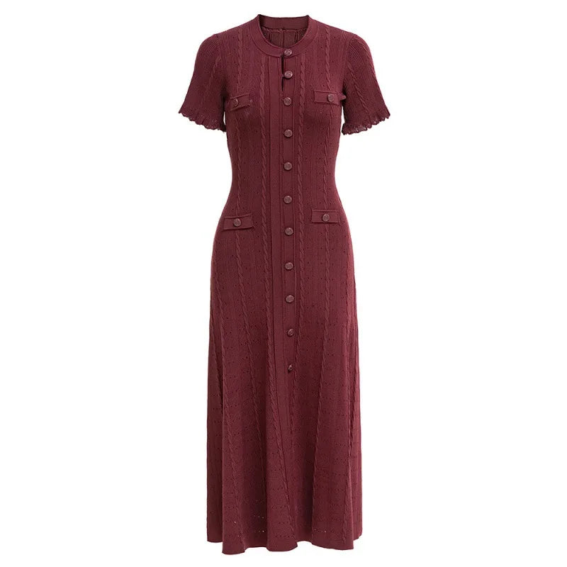 Summer Solid Round Neck Short Sleeved Office Lady Knitted Dress Women Korean Single Breasted Hollow Out Long Dress Fashion Trend