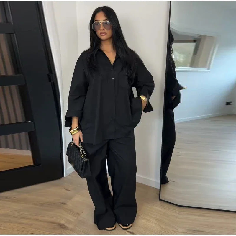 Women Solid Lapel Full Sleeves Pant Suits Chic Single Breasted Wide-leg Long Pants Sets 2026 Lady  Casual Daily Loose Fit Outfit