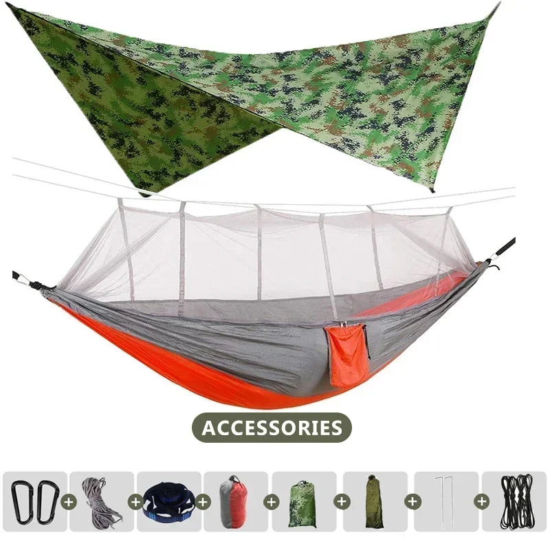 260x140cm Camping Hammock Double Size Parachute with Mosquito Net Rain Fly Tarp Lightweight for Hiking Travel