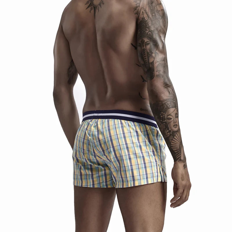 SEOBEAN Classic Plaid Mens Boxer Shorts 100% Cotton Underwear Boxershorts U convex Pouch Arrow Panties Shorts Men Sleep Bottoms