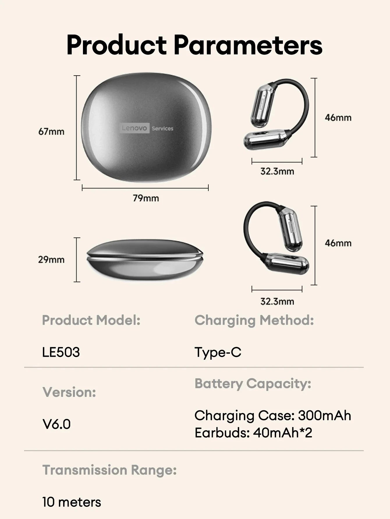 Lenovo LE503 OWS Wireless Earphones Bluetooth V6.0 Open-Ear Earphone ENC Noise Reduction Earbuds Waterproof Long Battery Life