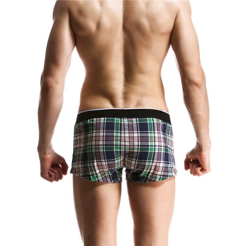 SEOBEAN Classic Plaid Mens Boxer Shorts 100% Cotton Underwear Boxershorts U convex Pouch Arrow Panties Shorts Men Sleep Bottoms