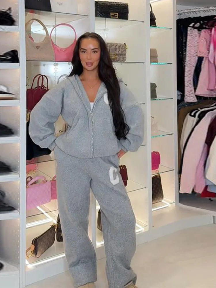 Fashion Cardigan Pants Suit Women's Hood Zipper Full Sleeve Loose Coat Straight Trousers 2025 Autumn Casual Lady 2-piece Set