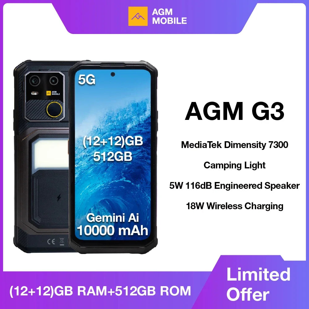 AGM G3 5G Rugged Phone 24GB(12+12) 512GB Wireless Charging 10000mAh Phone 6.72" 120Hz Dimensity 7300 Android15 Camping light Main image