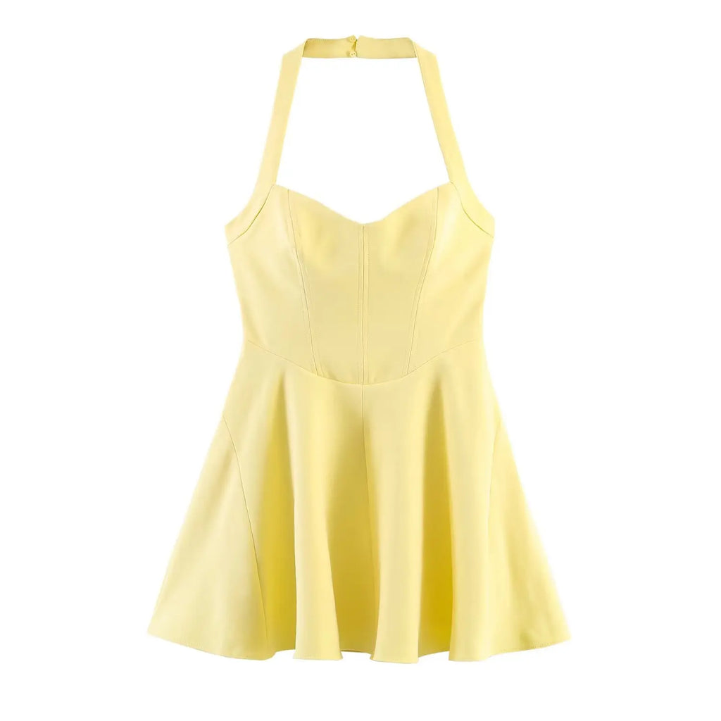 HH Summer Elegant Halter Neck Pleated Solid Elegant Short Dress For Woman Sexy Backless Sleeveless Party Mini Dress Mujer