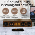Domars Wireless Bluetooth 5.0 Speakers Wooden Alarm Clock Display Sound System Player with AUX TF FM Radio Subwoofer Box