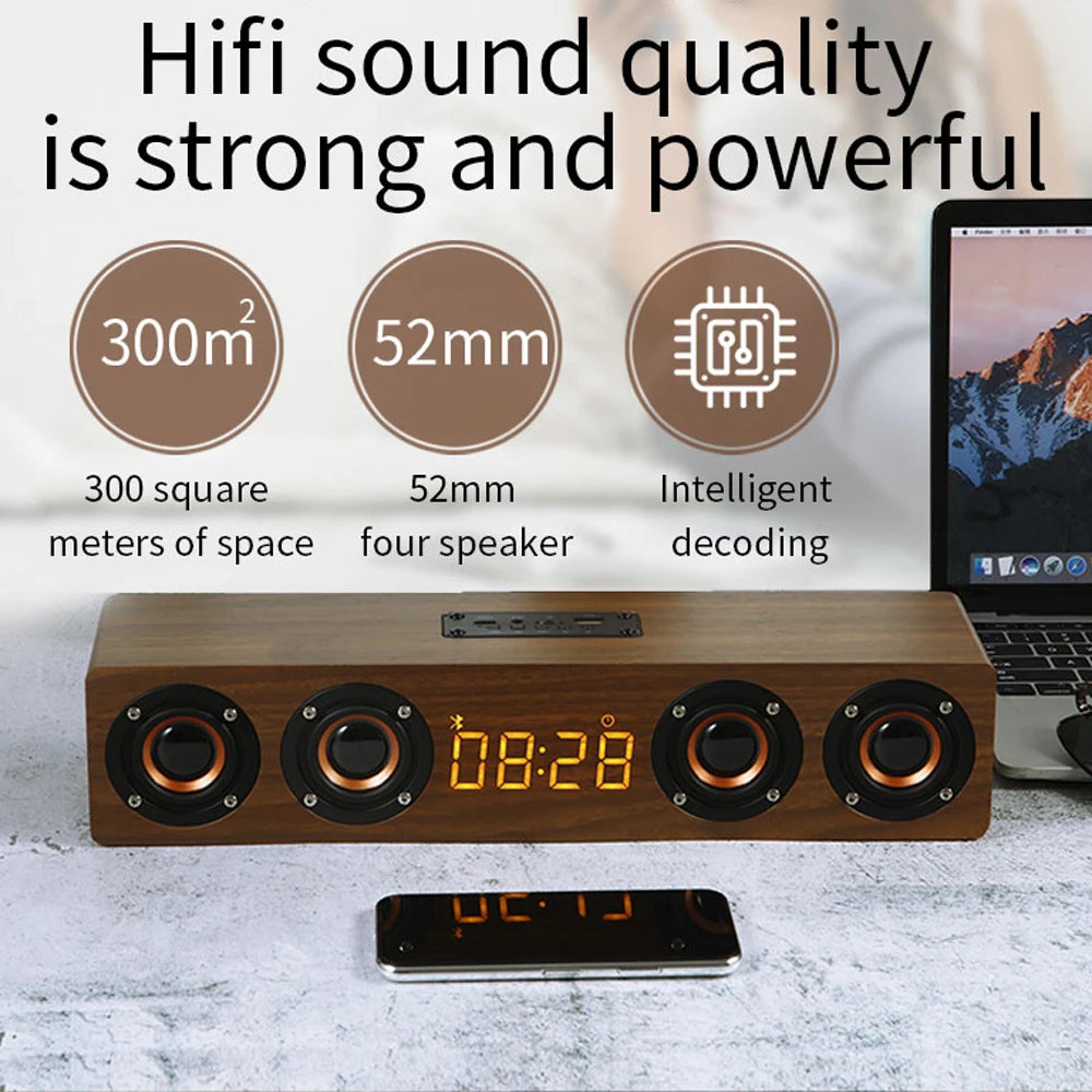 Domars Wireless Bluetooth 5.0 Speakers Wooden Alarm Clock Display Sound System Player with AUX TF FM Radio Subwoofer Box