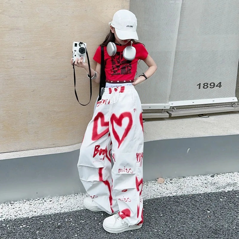 2026 summer spring teens tracksuit Girls cloth heart graffiti 1pc t-shirt top or long wide leg pant Kid 4 6 7 8 9 10 12 14 year
