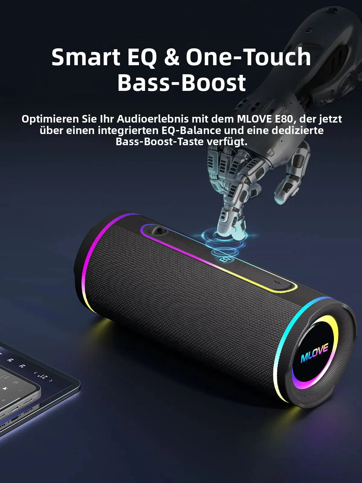 MLOVE E80 Portable Bluetooth Speaker – Powerful Dual Sound, Colorful RGB Lighting, Fully Waterproof (IPX7), TWS Enabled Secondary image