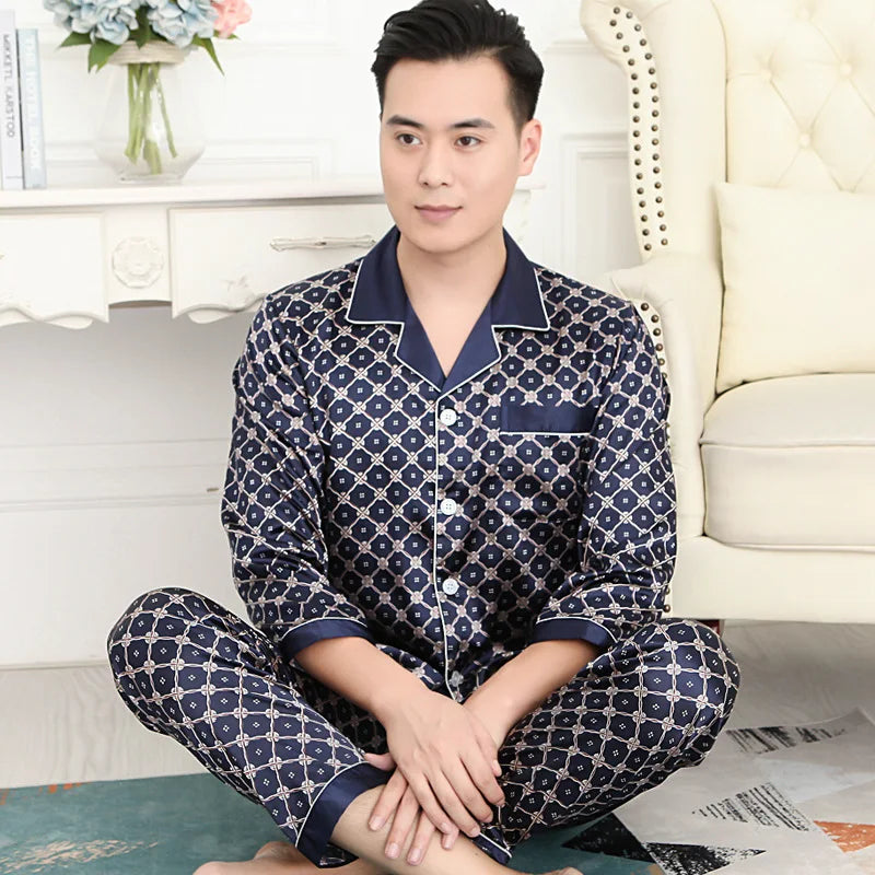 High Quality Pajamas Set Men Spring Autumn Thin Polyester Ice Silk Long-sleeved Sleepwear Plus Size Summer Home Clothes Male