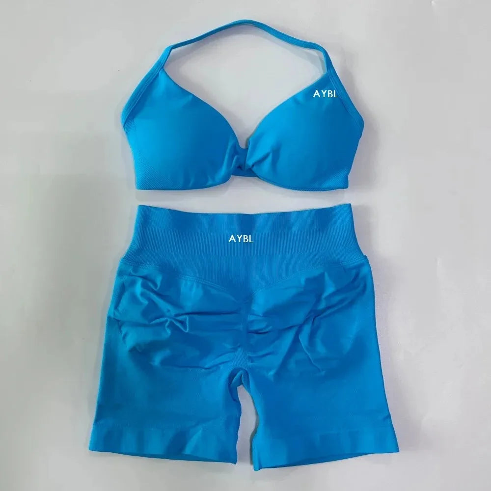 AYBL 2PCS Yoga Set Gym Set Women Strappy Yoga Bra Top High Waist Workout Scrunch Shorts Sports Suit Seamless Yoga Set Fitness