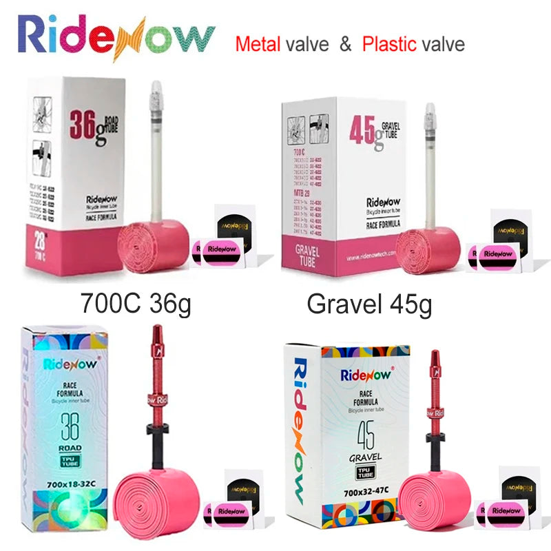 RideNow 700c Tpu Inner Tube 700Cx18-32C/32-47C Road Gravel Bike Plastic Valve & Removable Metal Valve Core External Thread Tube Main image