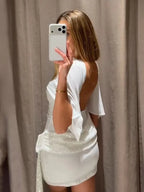 HH 2026 Women Elegant White Short-Sleeved Backless Sequined Splicing Decoration Sexy Short Dress Woman Fashion Party Mini Dress