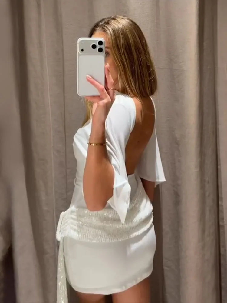 HH 2026 Women Elegant White Short-Sleeved Backless Sequined Splicing Decoration Sexy Short Dress Woman Fashion Party Mini Dress