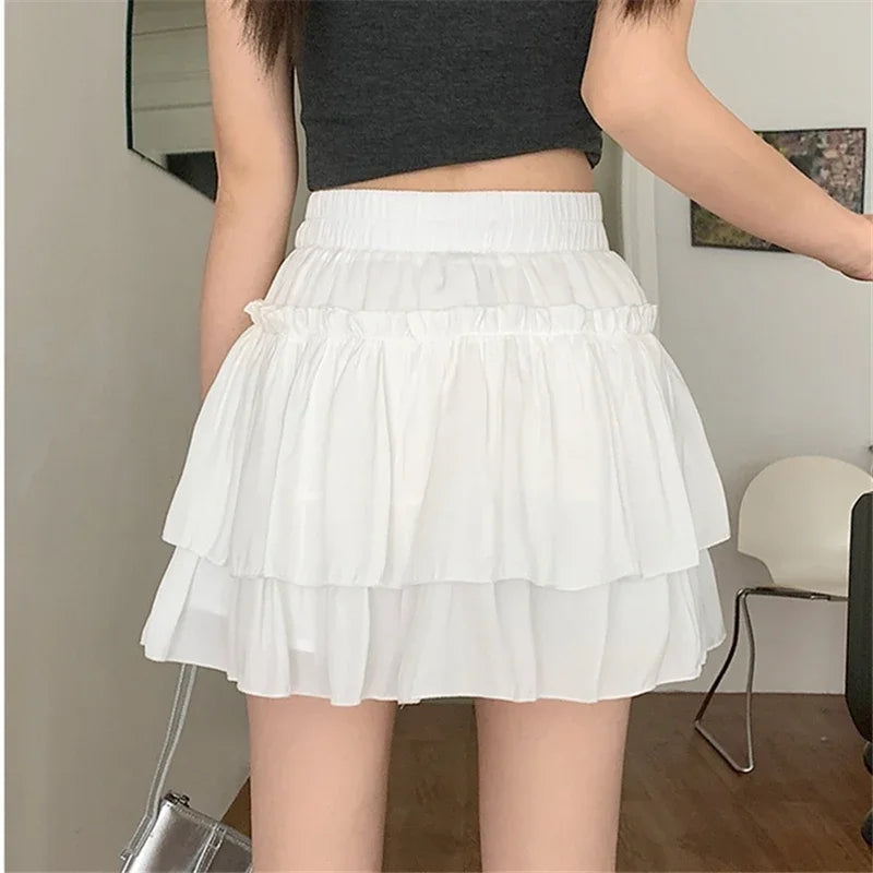 Summer Kawaii White Ruflles Skirt Women Fashion Slim Fit Mini Skirts Giris Y2k All Match Elastic High Waist Black Faldas Secondary image