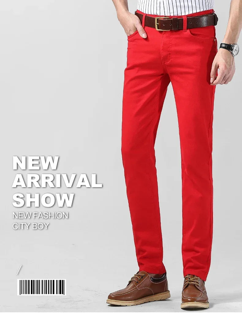 5 Colors Men's Colorful Denim Stretch Stretch Jeans Elastic Yellow Pink Red Slim Male Clothing Simple Business Denim Trousers