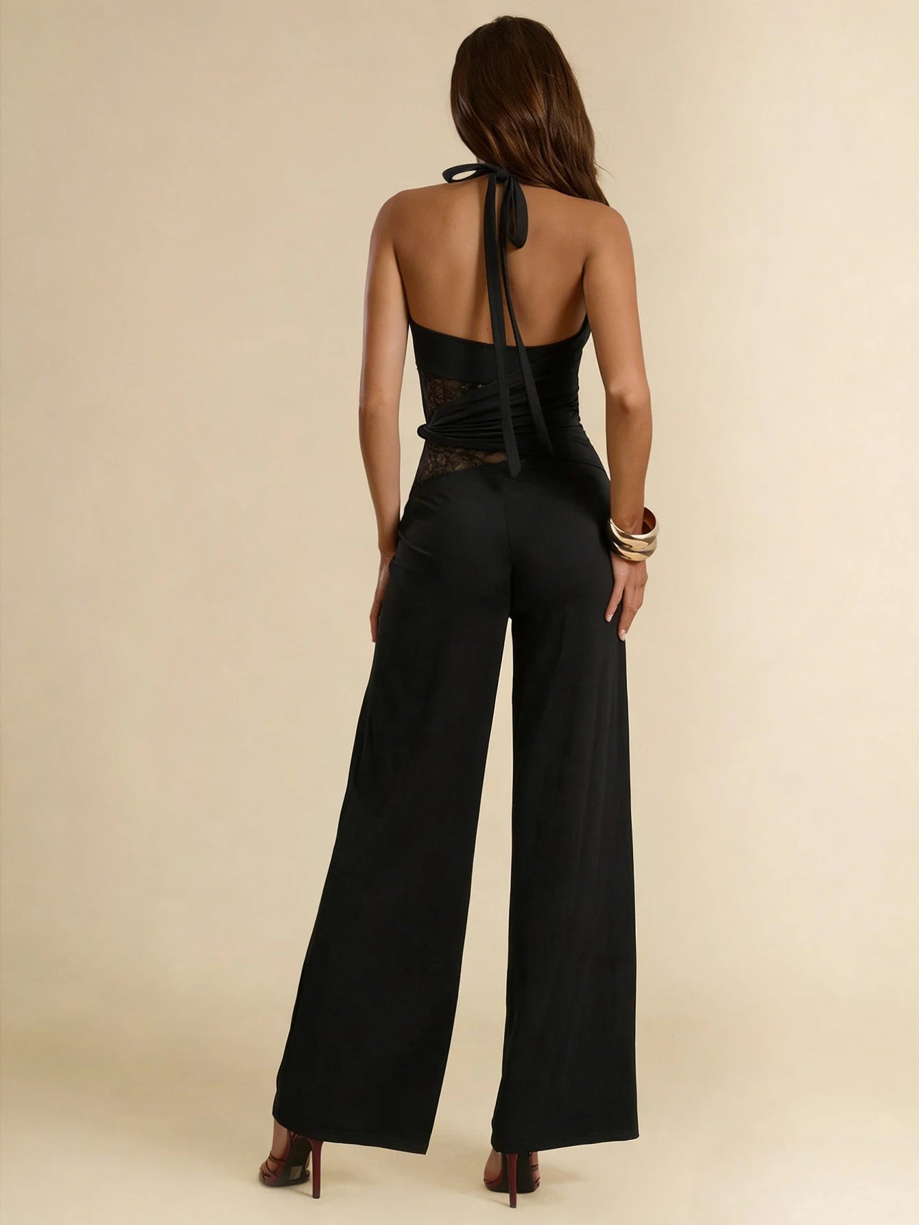 Women's Black Sexy Halter Jumpsuit Sleeveless V Neck Lace Panel Waisted Wide Leg Romper Fashion Spring Summer Party Jumpsuit Secondary image