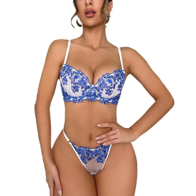 Blue Lingerie Set Lace Embroidery Bra Panty 2Piece Sheer Tulle Fantasy Underwear for Women