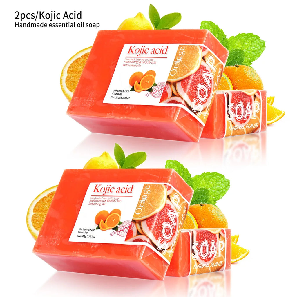 2Pcs/100G Kojic Acid Sweet Orange Handmade Essential Oil Soap Gently Cleanses Face and Body Handmade Soap