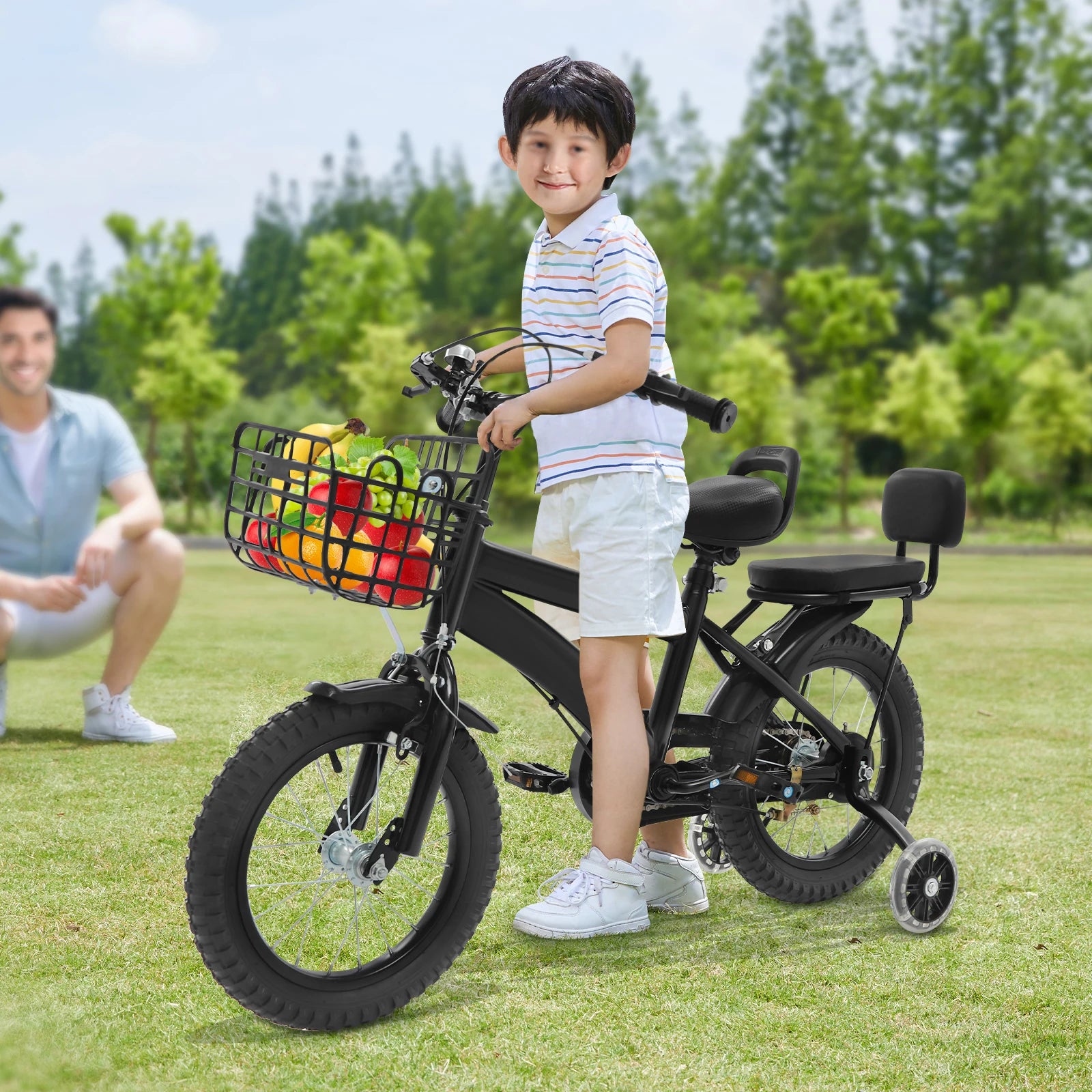 14" Kids Bike Adjustable Children's Bicycle Load 60kg w/Training Wheels+Basket+Backrest Rear Seat for 3-7 Year Old (White/Black)