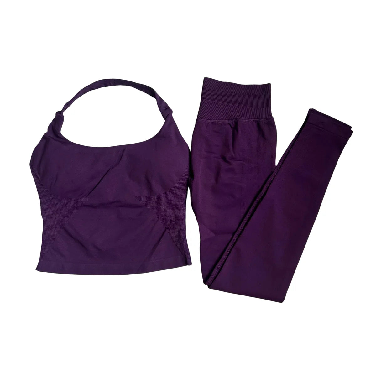 Halter Top Leggings 2-Piece Set Seamless Halterneck Backless Yoga Top+Scrunch Booty Leggings Fitness Gym 2pcs Set