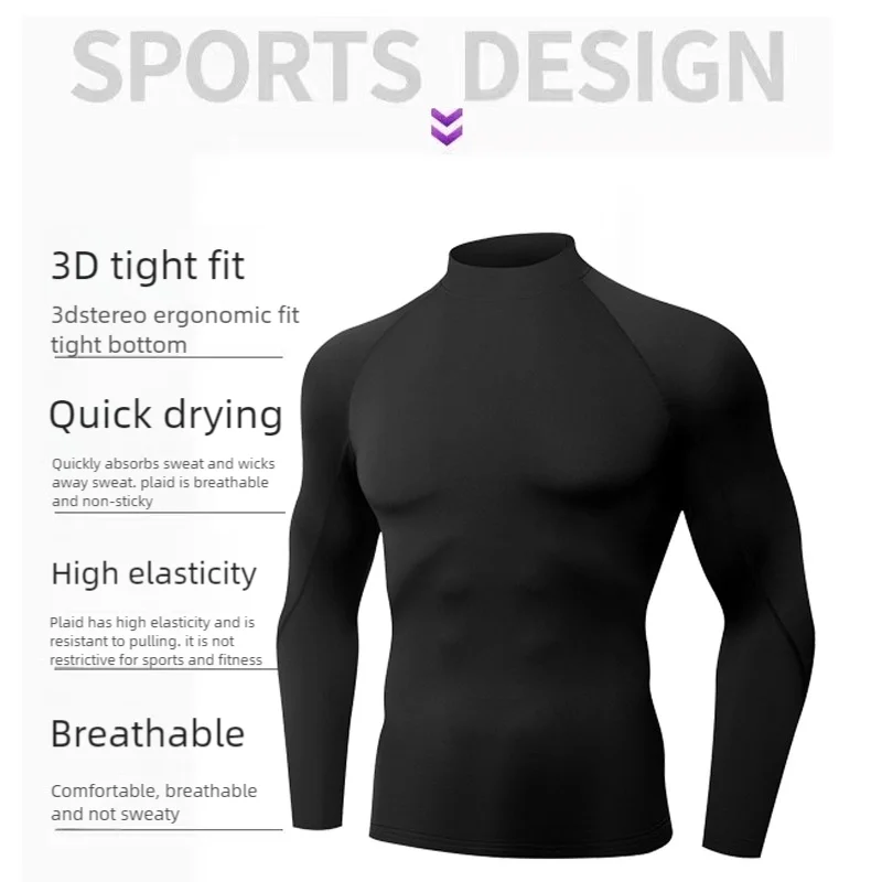 Winter Fleece Sports Shirt Men High Neck Compression Shirt Long Sleeved Training Top High Stretch Undershirt