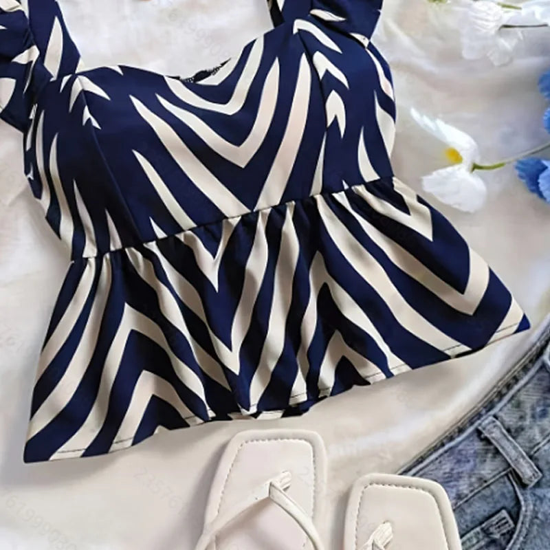 Blouses Shirts Square Collar Striped Women Blouse Shirt Fashion Summer Sleeveless Blouse Shirt Women Tops Camisas De Mujer Q3996