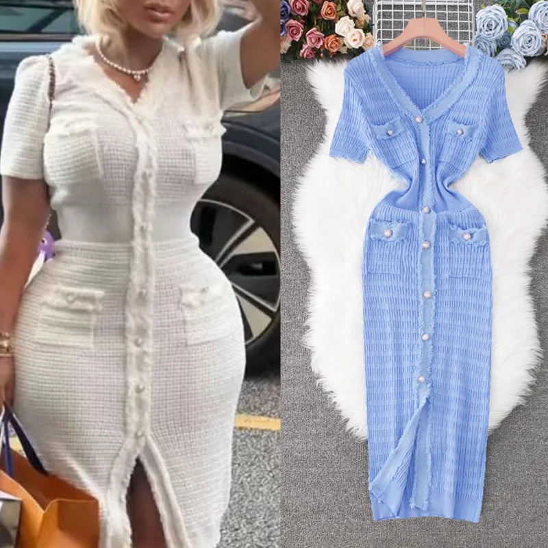 YuooMuoo 2026 New Arrival Women Knitted Long Dress Elegant V-neck Single-breasted Split Sweater Dress Office Lady Vestidos Secondary image