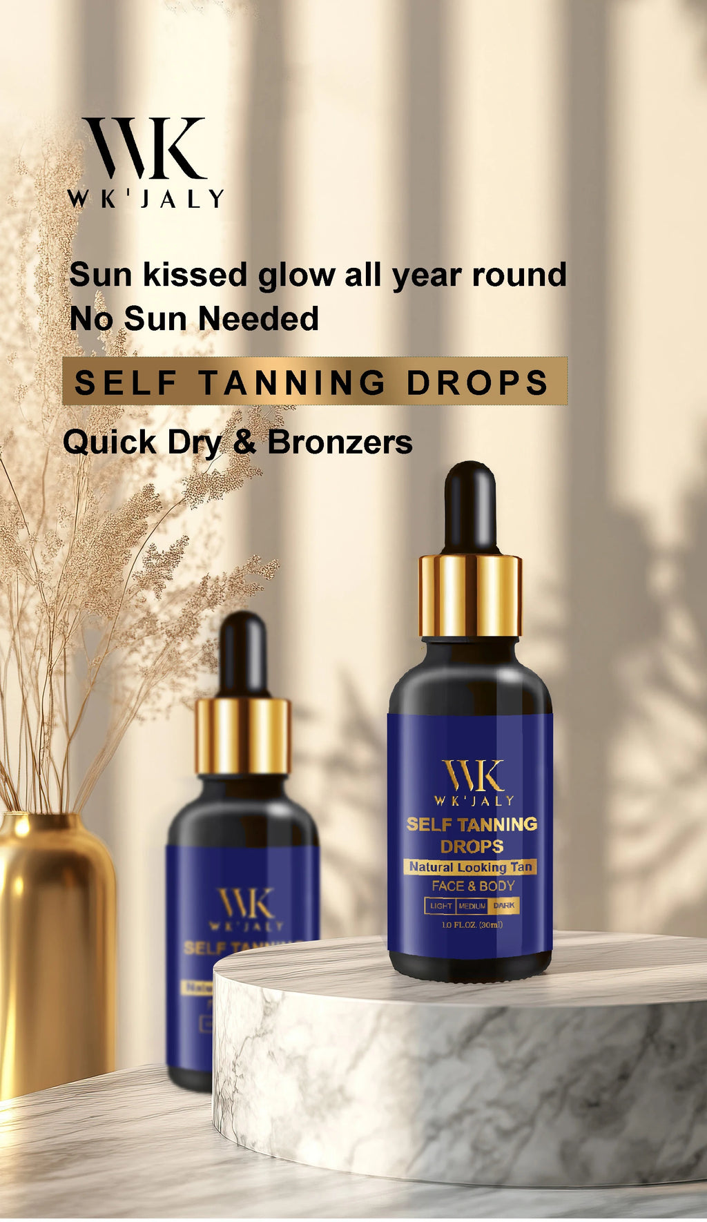 WK JALY Dark Self Tan Drops, Natural Self Tanner, Face & Body Glow with DHA, Carrot Oil, Aloe, Buildable, Streak Free Tan, Vegan