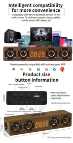 Domars Wireless Bluetooth 5.0 Speakers Wooden Alarm Clock Display Sound System Player with AUX TF FM Radio Subwoofer Box