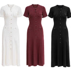 Summer Solid Round Neck Short Sleeved Office Lady Knitted Dress Women Korean Single Breasted Hollow Out Long Dress Fashion Trend