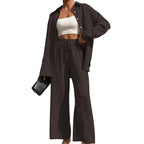 Women's Solid Button Front Shirt & Tie Front Wide Leg Pants Two-piece Set, Casual Drop Shoulder Long Sleeve Blouse Top & Trouser