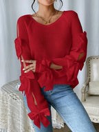 Fashionable bow details hollowed out raglan sleeves knit sweater round neck minimalist sweater