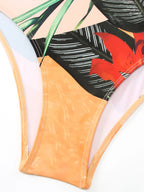 Summer retro digital printed lace up women's beach vacation one-piece swimsuit gauze skirt 2-piece set