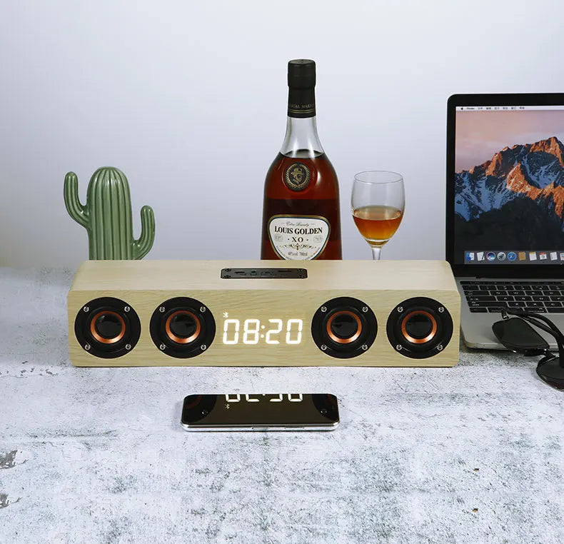 Domars Wireless Bluetooth 5.0 Speakers Wooden Alarm Clock Display Sound System Player with AUX TF FM Radio Subwoofer Box