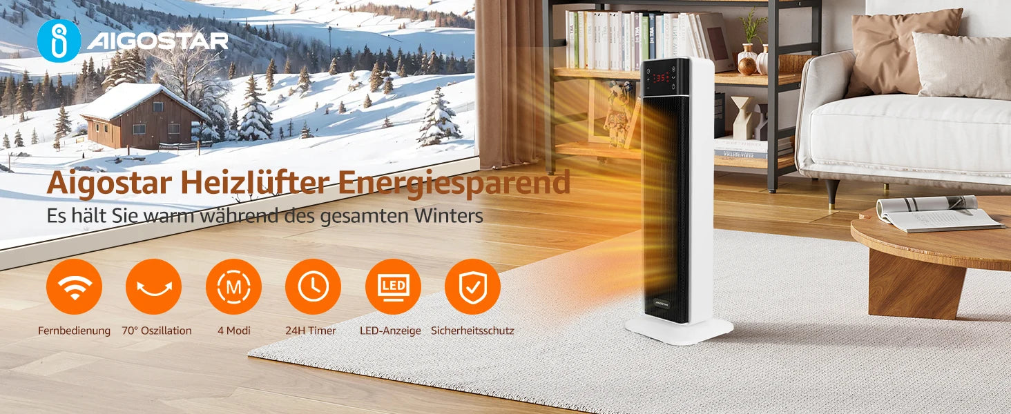 Aigostar Energy-Saving Fan Heater with Thermostat, 2000W PTC Ceramic Fan Heater with Remote Control, 70° Oscillation, 4 Modes