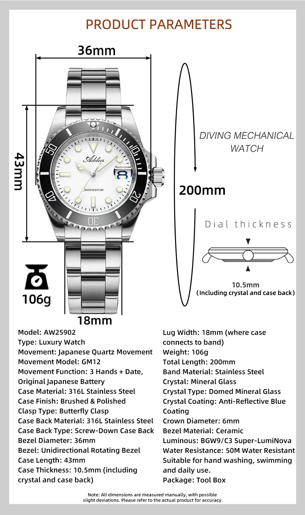 ADDIES Luxury Women's Watches Elegant Classic 36mm Business Ladies Watch BGW9 Luminous Waterproof Steel Quartz Woman Watches