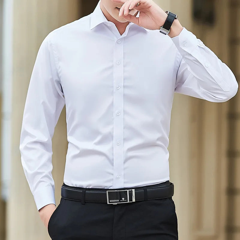 New Plus Size Men Solid Color Business Shirt Fashion Classic Basic Casual Slim White Long Sleeve Shirt Brand Clothes Main image