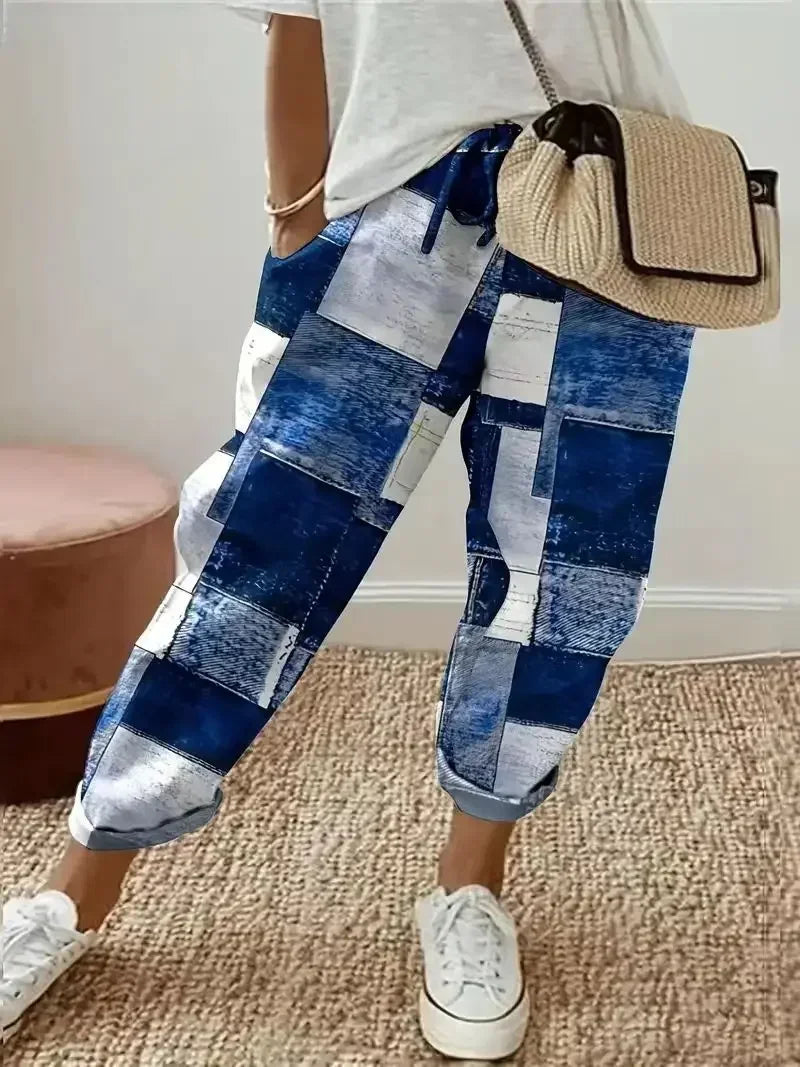 Plus Size 1XL-5XL Women's Fashion Floral Print Straight Elastic Drawstring Pocket Pants Ladise Casual Versatile Pants