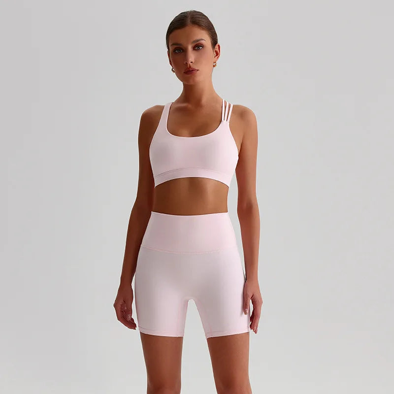 Solid Color High Waist Gym Yoga Short Legging Set Tight Women Cross Back High Impact Shoulder Strap Fitness Bra Top Sportwear