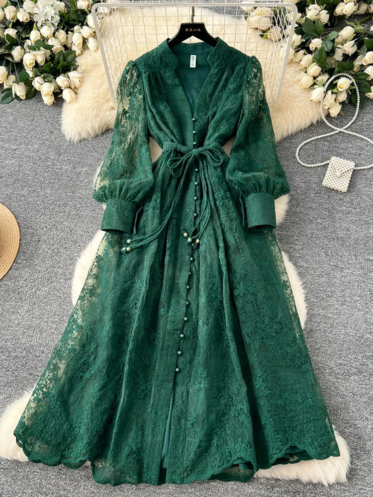 Spring Autumn French High-end Women's Dress New Lace Embroidery V-neck Lantern Sleeves Single Breasted Party Birthday Dress C192