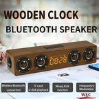 Domars Wireless Bluetooth 5.0 Speakers Wooden Alarm Clock Display Sound System Player with AUX TF FM Radio Subwoofer Box