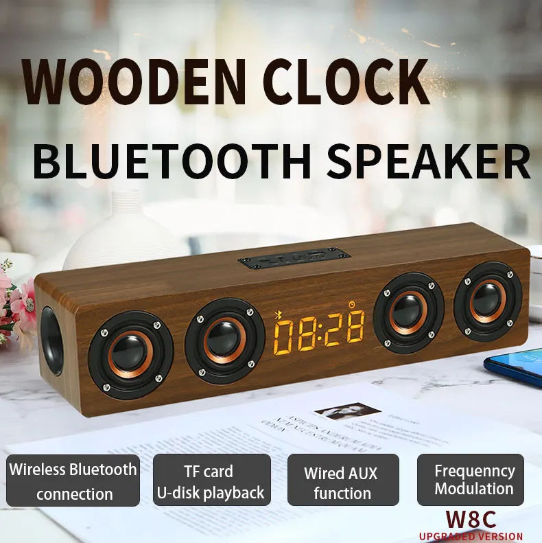 Domars Wireless Bluetooth 5.0 Speakers Wooden Alarm Clock Display Sound System Player with AUX TF FM Radio Subwoofer Box