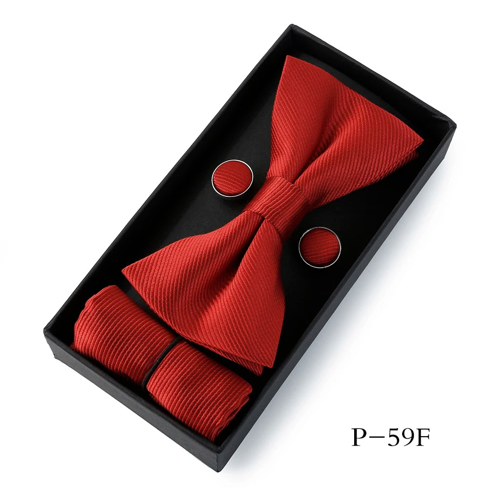 HUISHI Classic Black Bowtie Bow Ties For Mens Butterfly Bowknot Pocket Square Cufflinks Suit Set Bussiness Accessories Gift Box