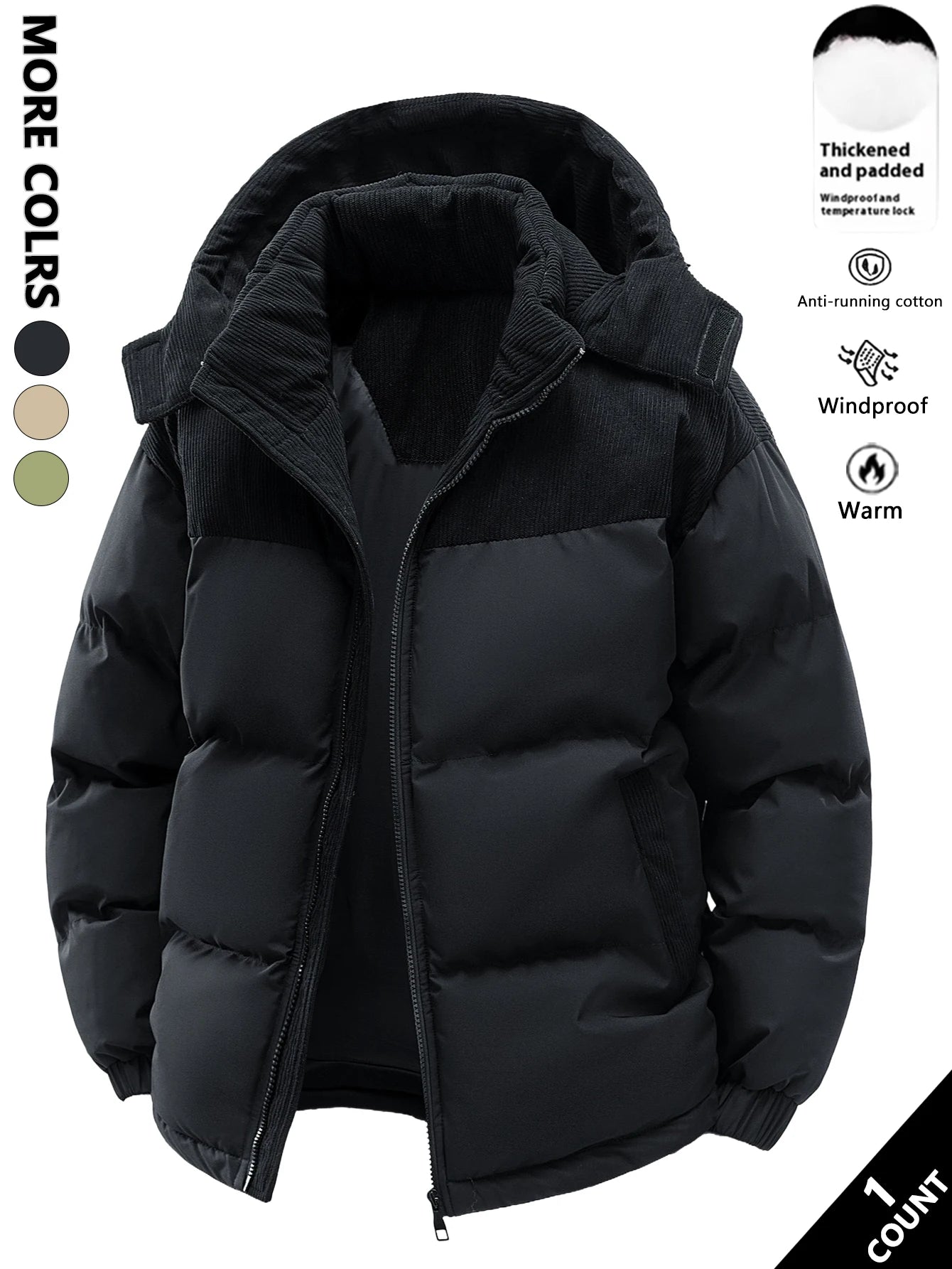 Men's Hooded Cotton Jacket, Thickeneded and Warm in Winter, Windproof and Cold-Resistant, Simple and Versatile for Work Clothing
