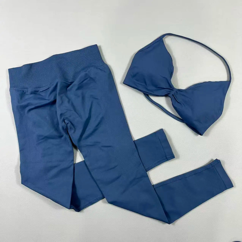 UETEEY Set For Woman Strappy Yoga Bra Sports Top Workout Leggings Set Seamless Gym Set Fitness Clothes Outfit Activewear