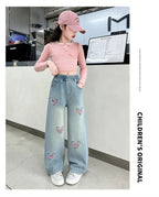 New 4-14 Years Spring Autumn Teenage Girls Jeans Full Print Bow Embroidery Fashion Wide-leg Denim Pants For Kids