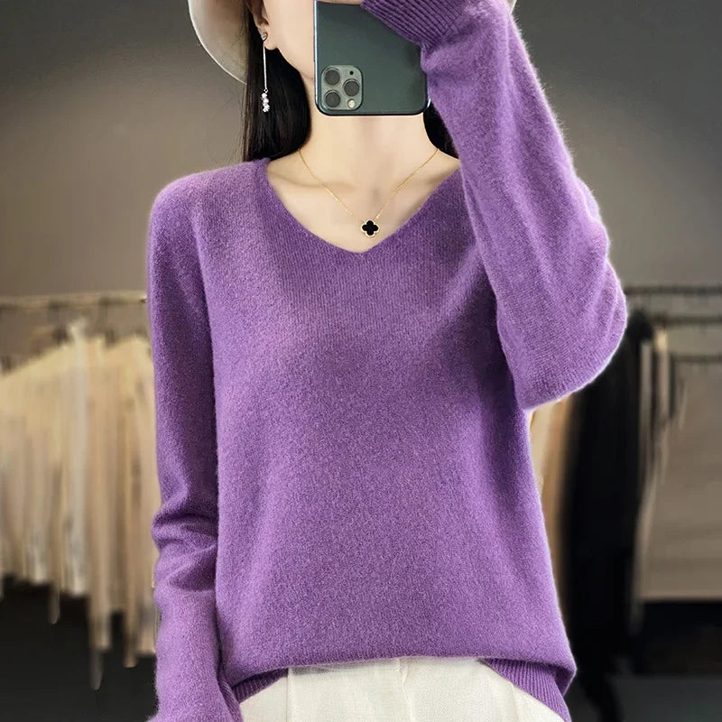 Women 100% Merino Wool Sweater V-Neck Basic Pullover Autumn Winter Cashmere Clothing Long Sleeve Soft Knitwear Tops Solid Color Main image