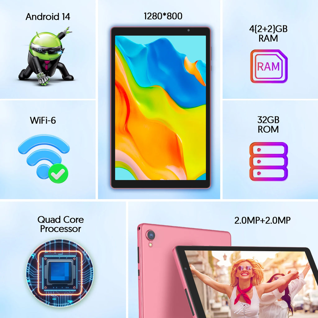 BAKEN 10-inch Android 14 Tablet, Quad-core Processor, 32GB Storage, Wi-Fi 6, Bluetooth, USB-C Port, Google Play Store (GMS)