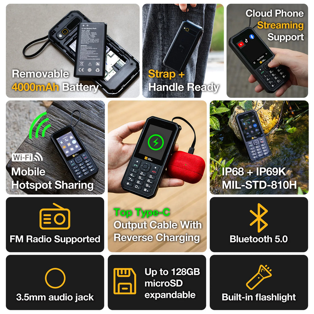 AGM M11 4G Rugged Phone IP68 Waterproof 4000mAh Removable Battery Wi-Fi Hotspot Reverse Charging FM Radio for Outdoor